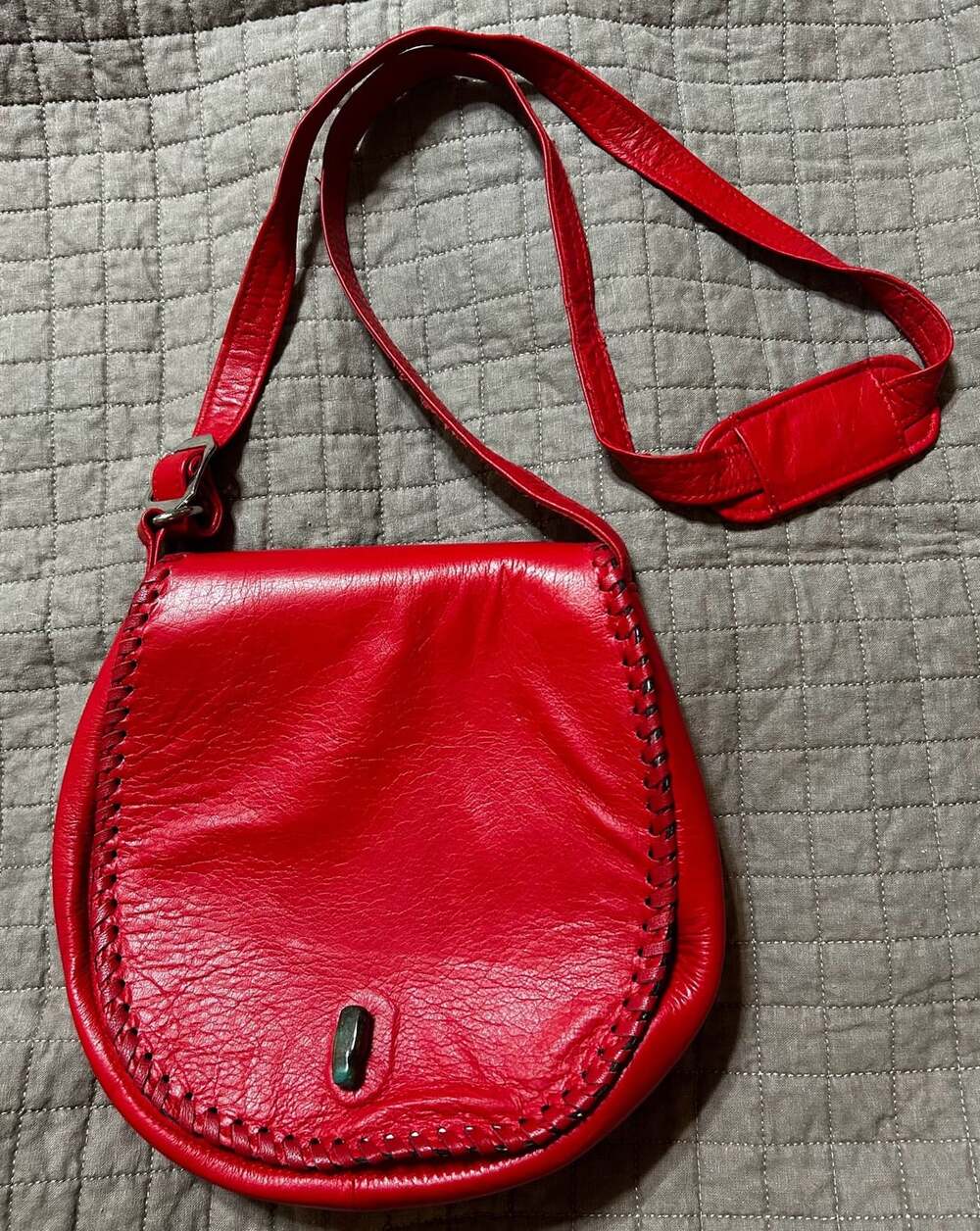 Juan Antonio Red Leather Crossbody Saddle Bag Whipstitch Stone Accent